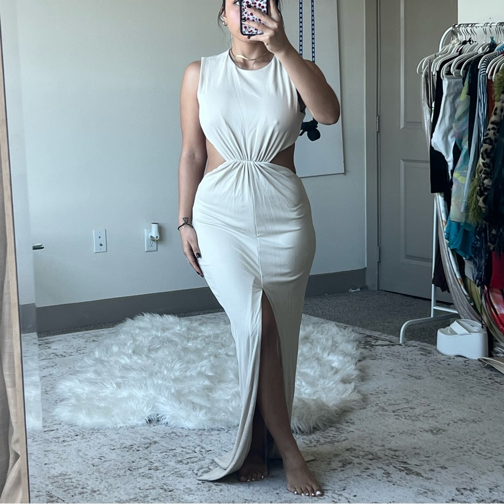 Revolve x Michael Costello cream backless maxi dress with slit